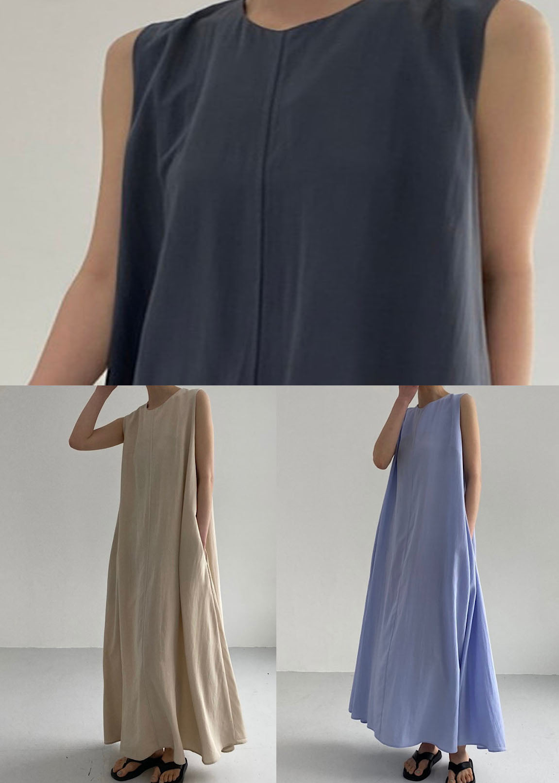 Dark Grey Patchwork Cotton Maxi Dress O Neck Sleeveless Lc0443