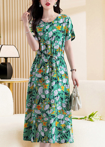 Diy Khaki O-neck Print Tie Waist Maxi Dress Short Sleeve Vb1007
