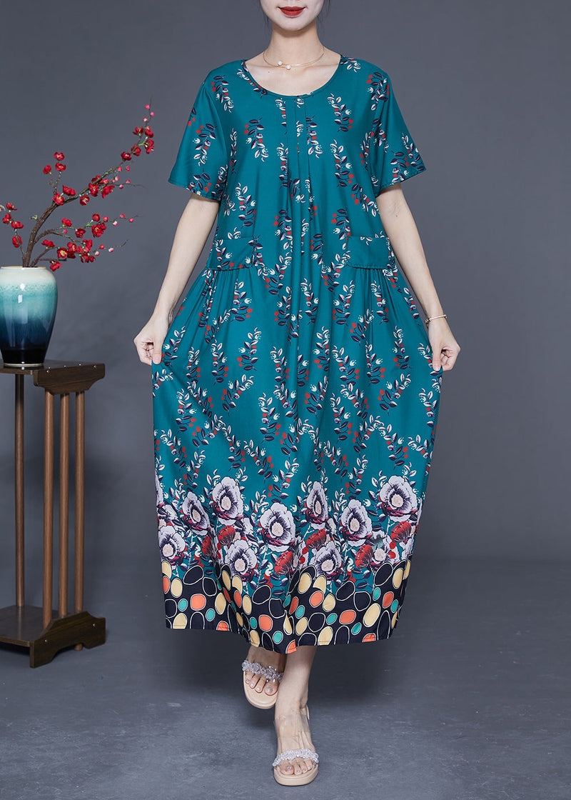 Diy Peacock Green Oversized Print Wrinkled Silk Maxi Dress Summer Ly1824