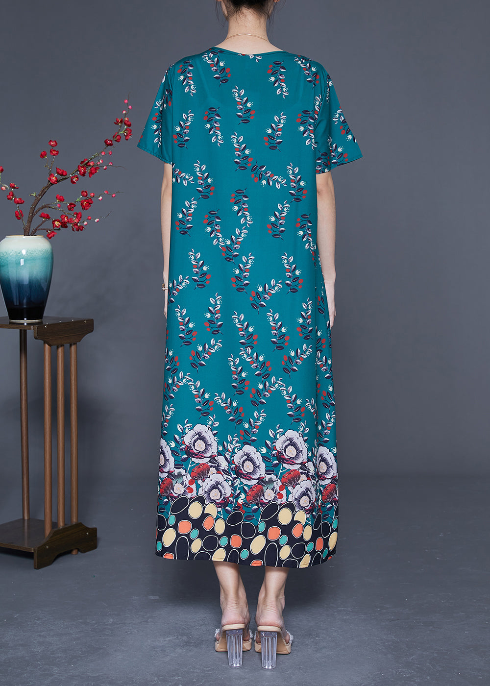 Diy Peacock Green Oversized Print Wrinkled Silk Maxi Dress Summer Ly1824