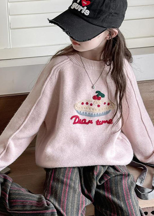 Diy Pink O-neck Thick Cotton Knit Kids Sweaters Spring Tp030