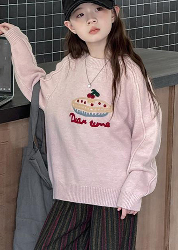 Diy Pink O-neck Thick Cotton Knit Kids Sweaters Spring Tp030