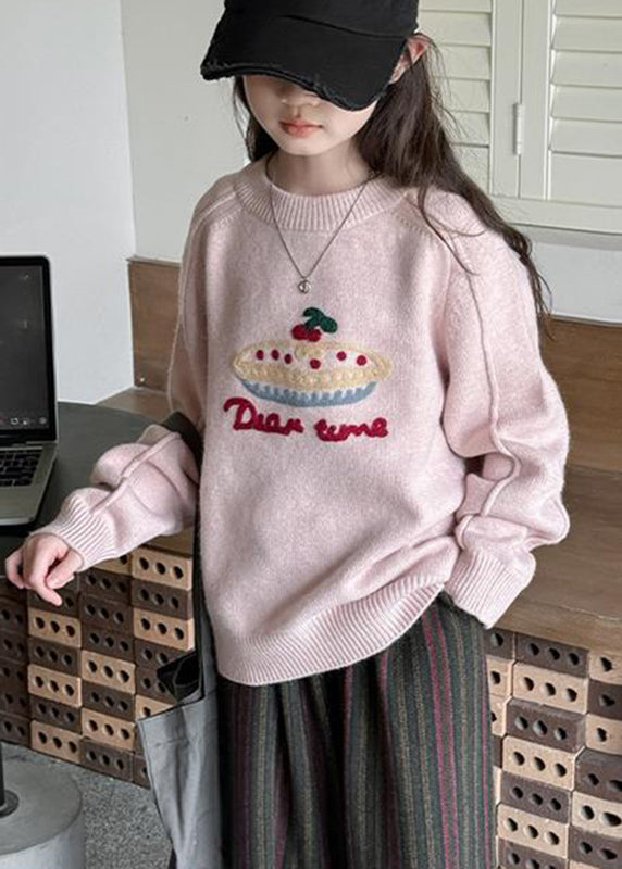 Diy Pink O-neck Thick Cotton Knit Kids Sweaters Spring Tp030
