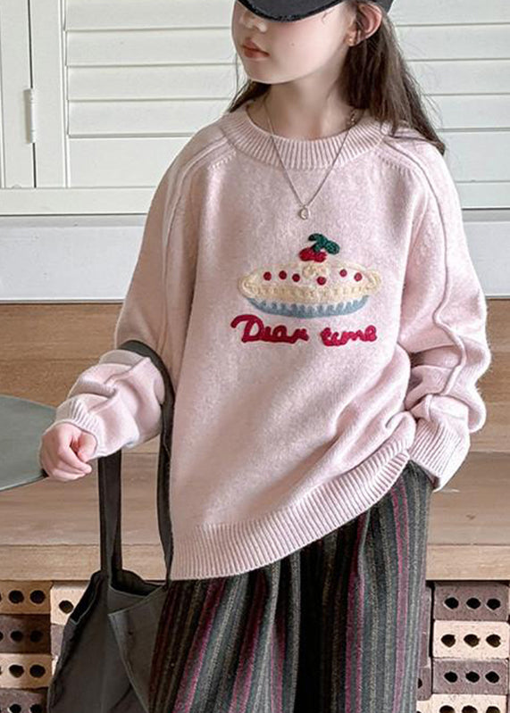 Diy Pink O-neck Thick Cotton Knit Kids Sweaters Spring Tp030