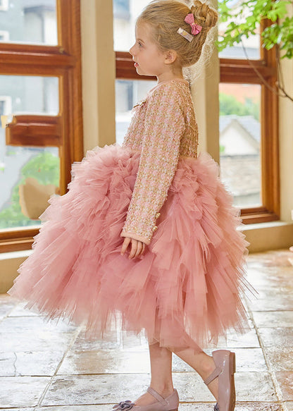 Diy Pink O-neck Tulle Kids Long Dress Winter Rp048