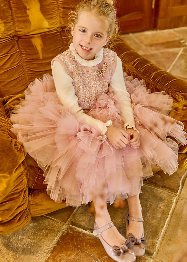 Diy Pink O-neck Tulle Kids Long Dress Winter Rp048