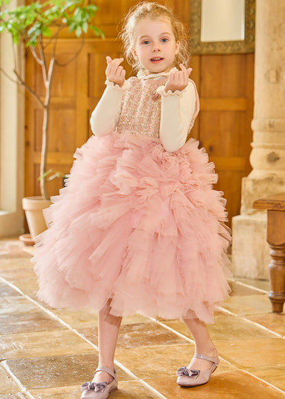Diy Pink O-neck Tulle Kids Long Dress Winter Rp048