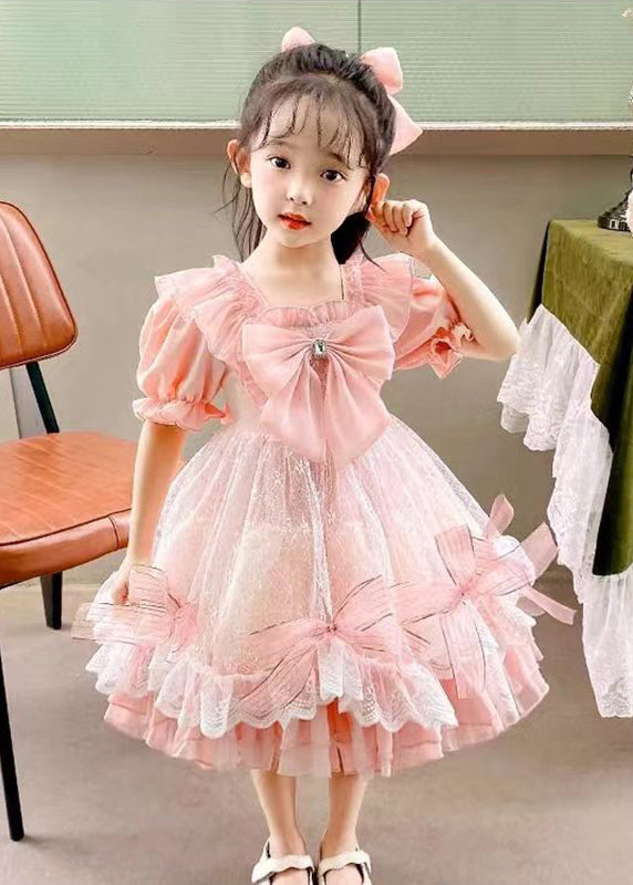 Diy Pink Square Collar Bow Patchwork Tulle Kids Vacation Long Dresses Summer Xz005