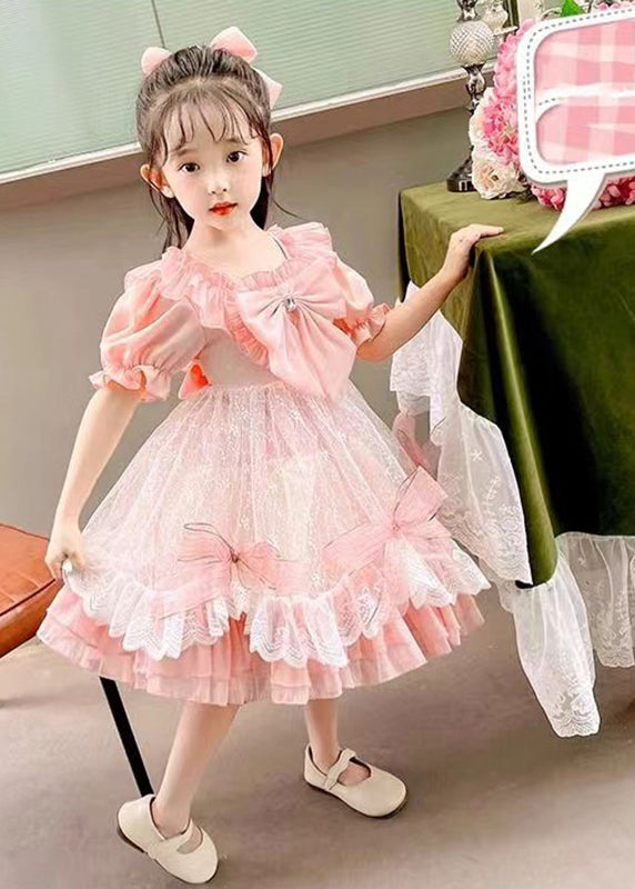 Diy Pink Square Collar Bow Patchwork Tulle Kids Vacation Long Dresses Summer Xz005