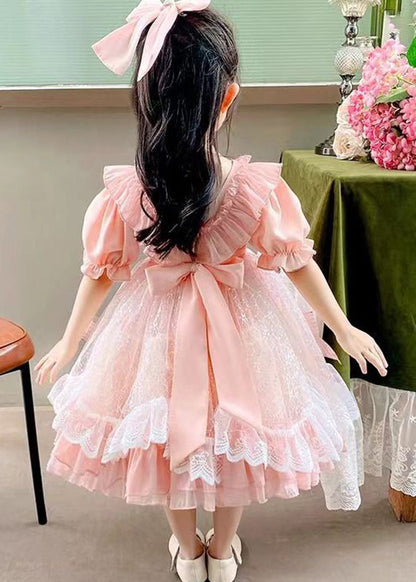 Diy Pink Square Collar Bow Patchwork Tulle Kids Vacation Long Dresses Summer Xz005