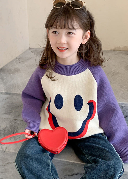 Diy Purple Smiling Face O-neck Thick Cotton Knit Kids Sweater Winter Wl048