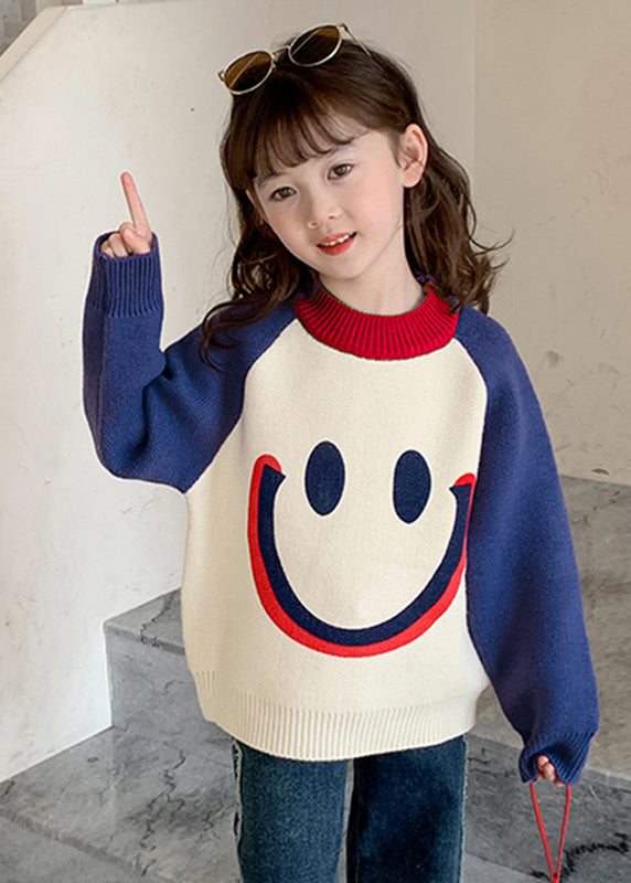 Diy Purple Smiling Face O-neck Thick Cotton Knit Kids Sweater Winter Wl048