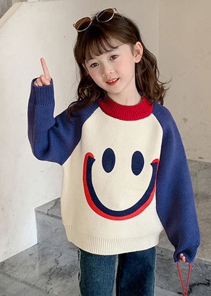 Diy Purple Smiling Face O-neck Thick Cotton Knit Kids Sweater Winter Wl048