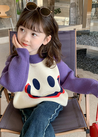 Diy Purple Smiling Face O-neck Thick Cotton Knit Kids Sweater Winter Wl048