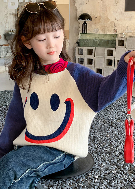 Diy Purple Smiling Face O-neck Thick Cotton Knit Kids Sweater Winter Wl048