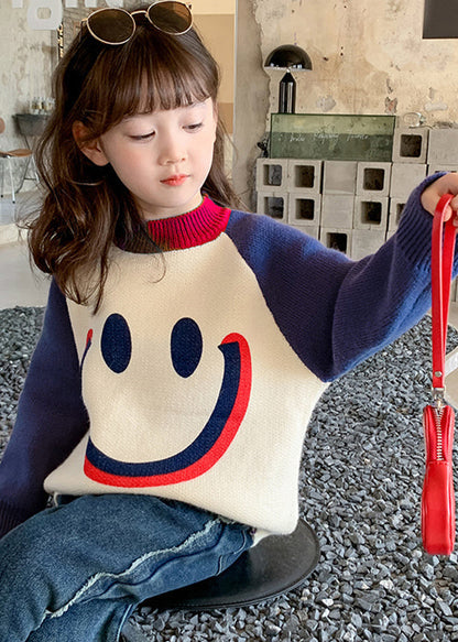 Diy Purple Smiling Face O-neck Thick Cotton Knit Kids Sweater Winter Wl048