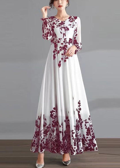 Diy Red O-neck Print Tunic Chiffon Holiday Long Dresses Long Sleeve Ly1737