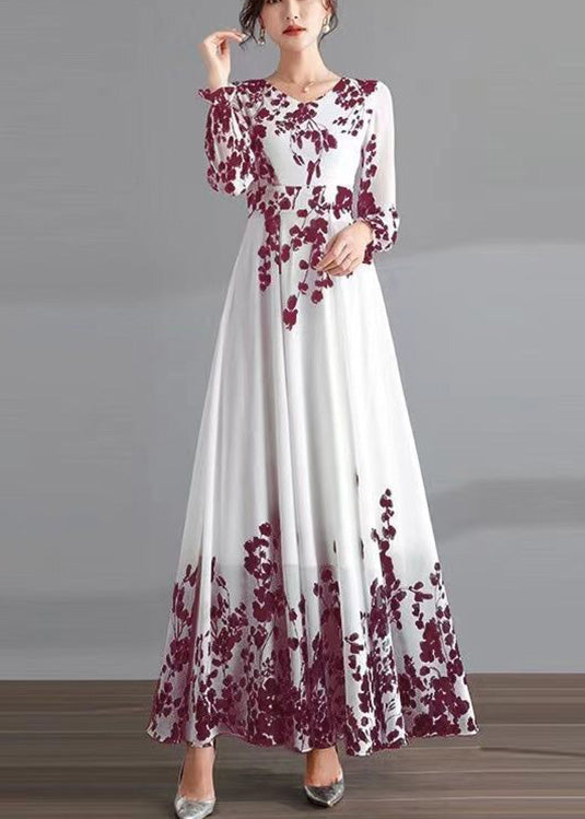 Diy Red O-neck Print Tunic Chiffon Holiday Long Dresses Long Sleeve Ly1737