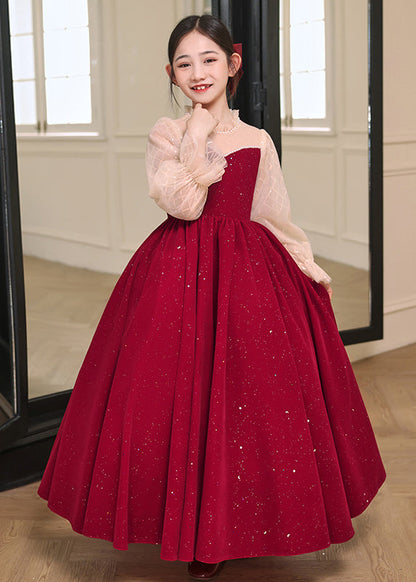 Diy Red Stand Collar Patchwork Wrinkled Tulle Long Dress Fall Rp030