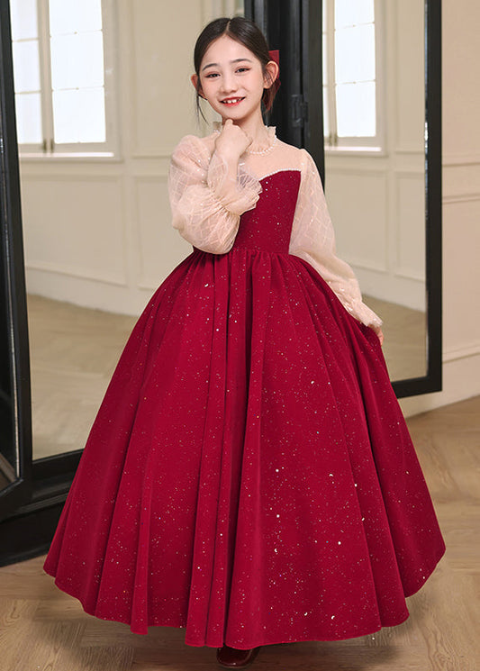 Diy Red Stand Collar Patchwork Wrinkled Tulle Long Dress Fall Rp030