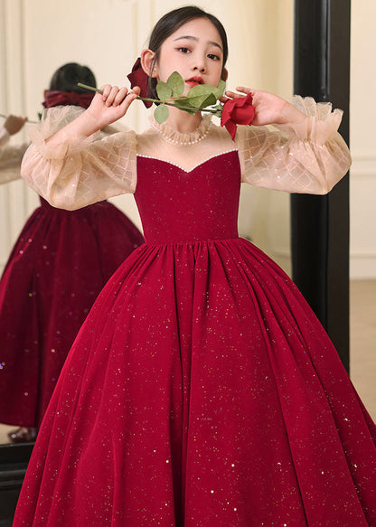 Diy Red Stand Collar Patchwork Wrinkled Tulle Long Dress Fall Rp030