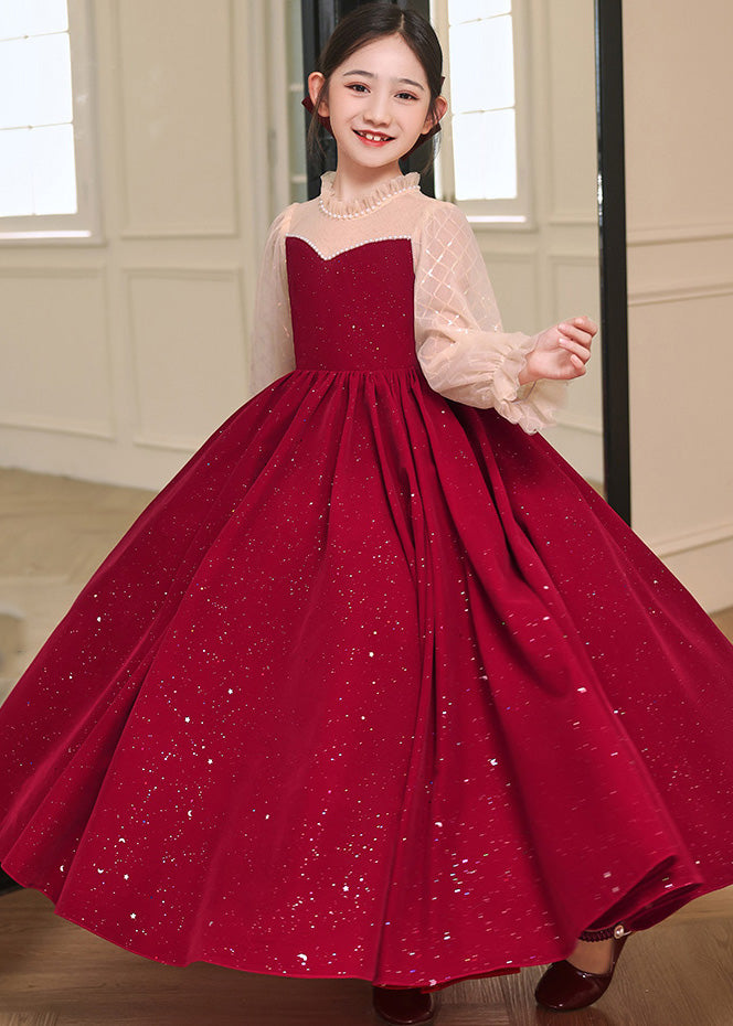 Diy Red Stand Collar Patchwork Wrinkled Tulle Long Dress Fall Rp030
