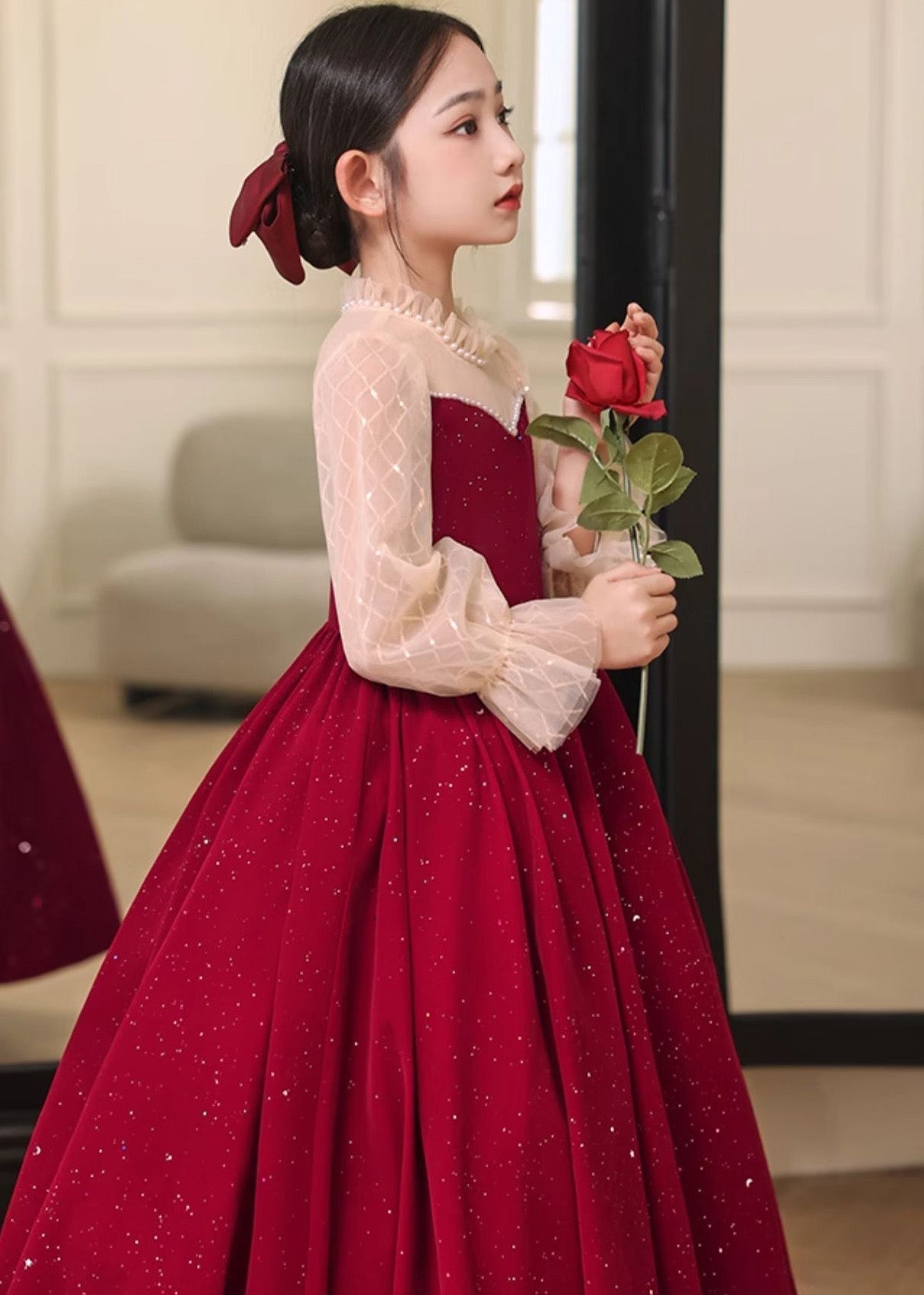 Diy Red Stand Collar Patchwork Wrinkled Tulle Long Dress Fall Rp030