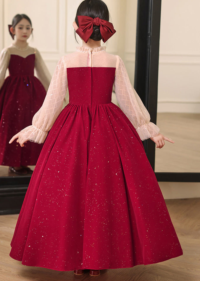 Diy Red Stand Collar Patchwork Wrinkled Tulle Long Dress Fall Rp030