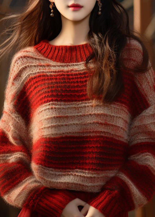 Diy Red Stand Collar Striped Patchwork Cotton Knit Sweater Fall Qt066