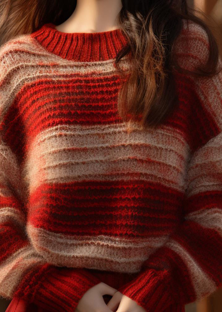 Diy Red Stand Collar Striped Patchwork Cotton Knit Sweater Fall Qt066