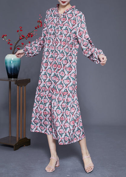 Diy Ruffled Lace Up Print Silk Long Dress Spring Ly1813