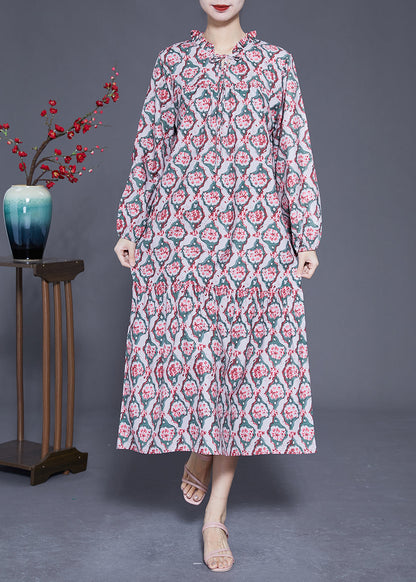 Diy Ruffled Lace Up Print Silk Long Dress Spring Ly1813