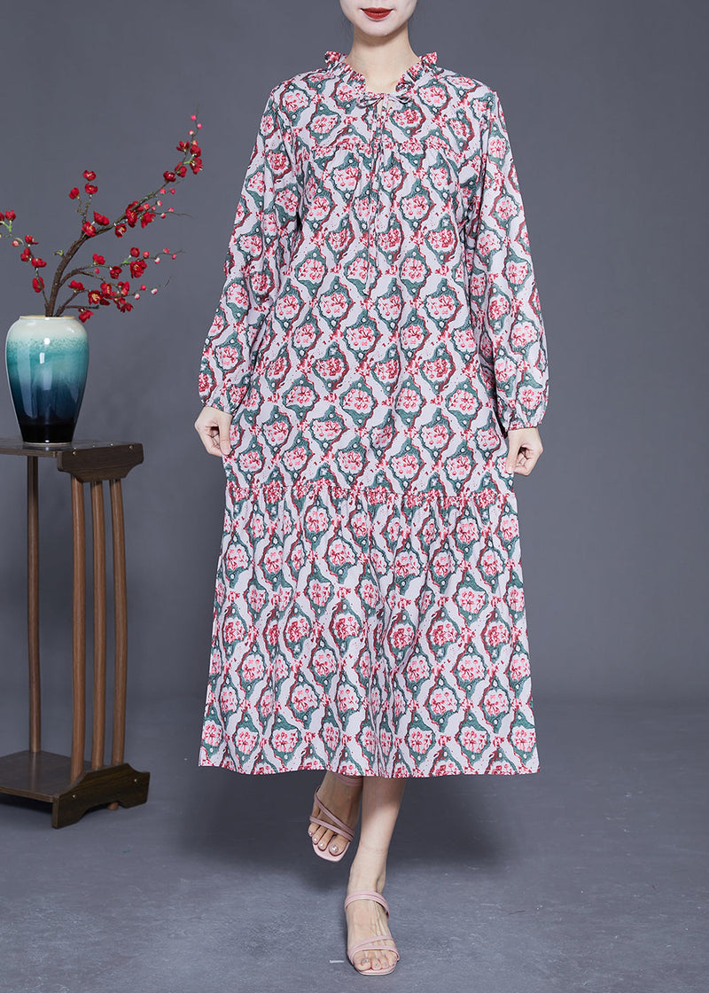 Diy Ruffled Lace Up Print Silk Long Dress Spring Ly1813