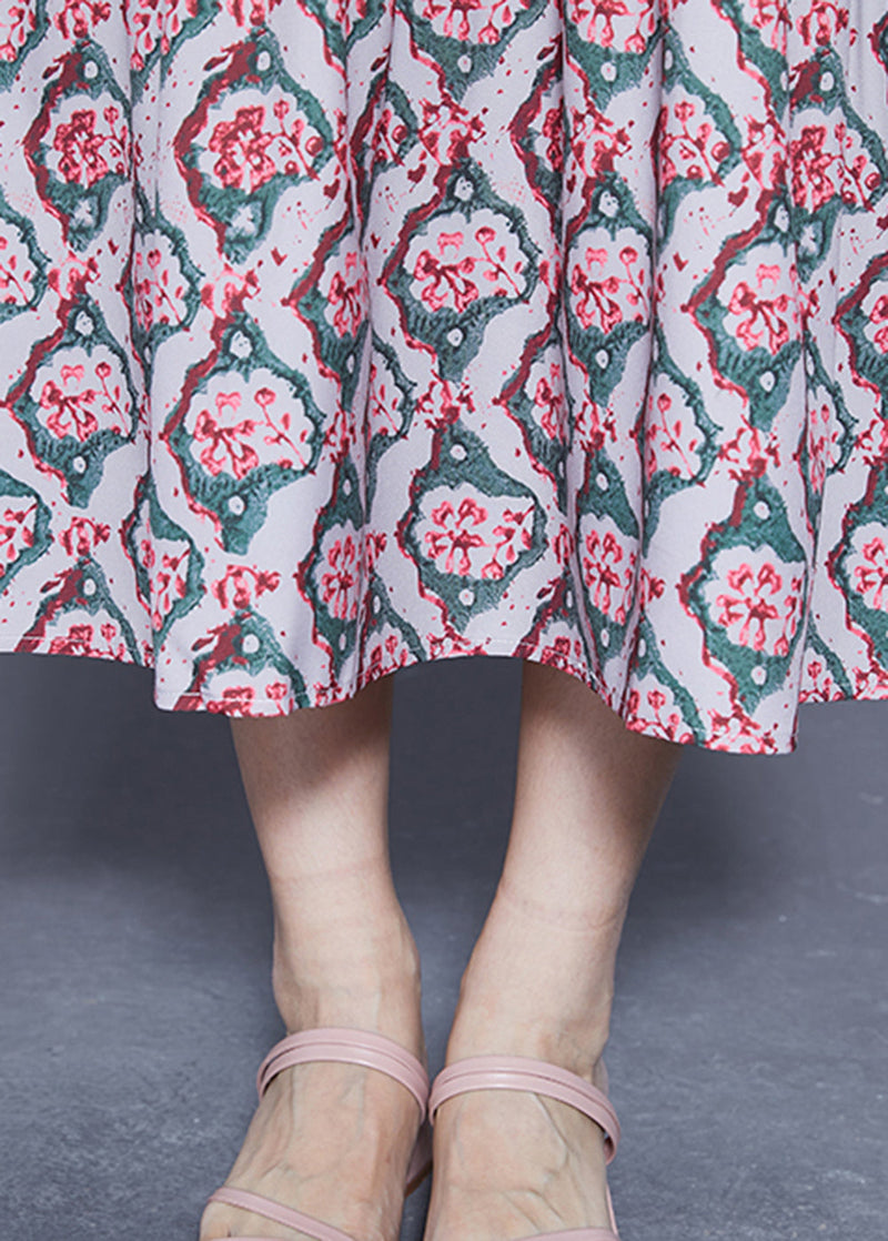 Diy Ruffled Lace Up Print Silk Long Dress Spring Ly1813