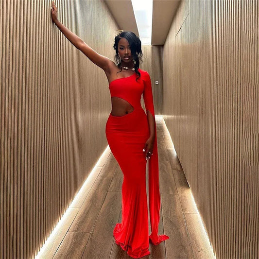 Incline Shoulder Hollow Maxi Dress for Christmas Party