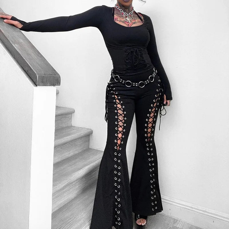 Y2k Grudge Harajuku Gothic Punk Eyelet Bandage Flared High Waist Hip Hop Pants