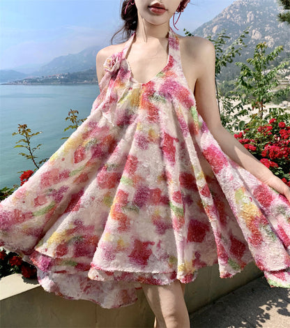 Dainty French Halter Tie-dye Mini Dress Flowy A-line Beach Dress
