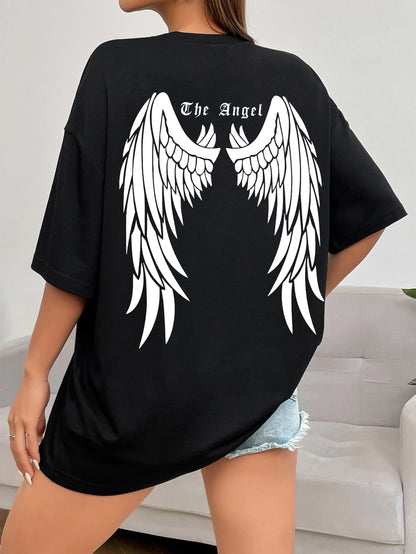 Dark Angel Wing Graphic Printed T-shirts for Loose Oversized Clothing Hip Hop Street Tshirt Cotton Short Sleeves