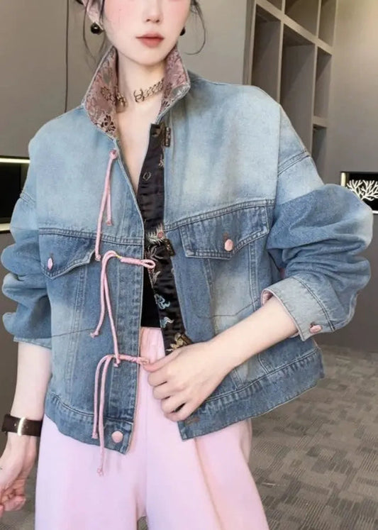Dark Blue Patchwork Loose Coats Stand Collar Spring Cg1015