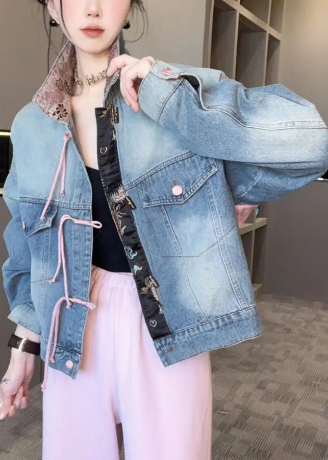 Dark Blue Patchwork Loose Coats Stand Collar Spring Cg1015