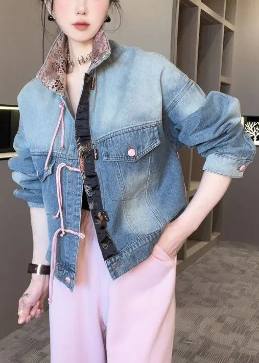 Dark Blue Patchwork Loose Coats Stand Collar Spring Cg1015
