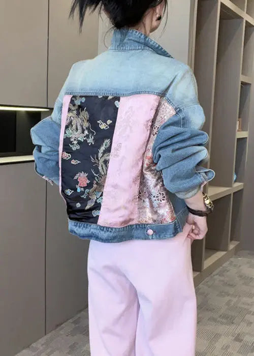 Dark Blue Patchwork Loose Coats Stand Collar Spring Cg1015