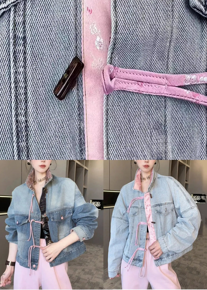 New Light Blue Button Patchwork Denim Coats Long Sleeve Cg1016