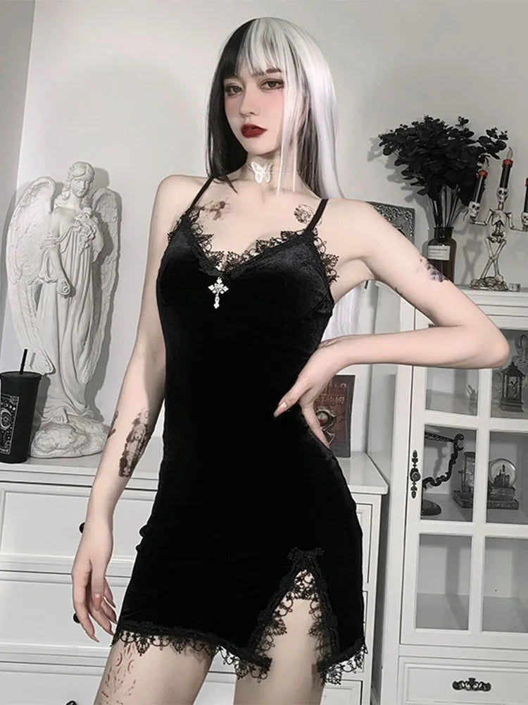 Dark Cross Black Mini Dress Spaghetti Strap High Waist Slit Dresses Goth Party Club Dress
