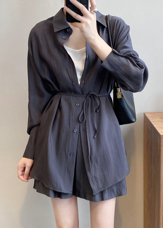 Dark Gray Button Silk Two-piece Set Peter Pan Collar Spring