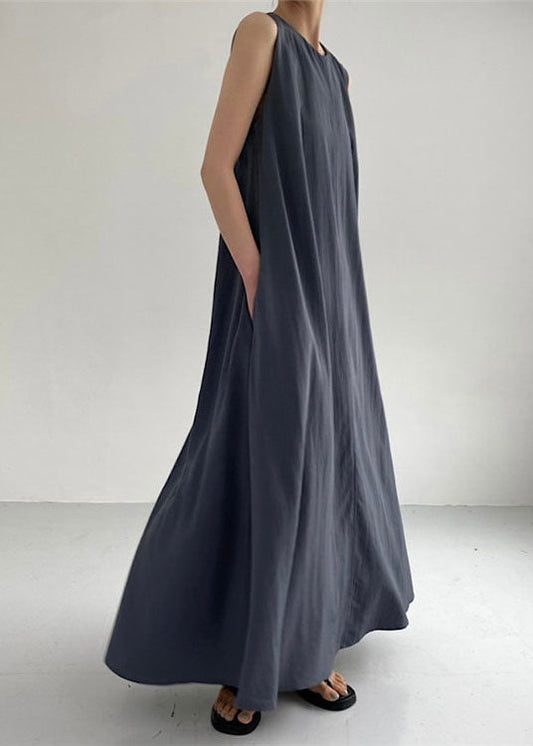 Dark Grey Patchwork Cotton Maxi Dress O Neck Sleeveless Lc0443