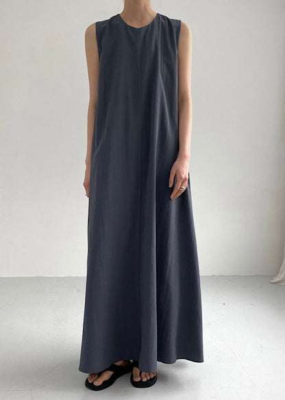 Dark Grey Patchwork Cotton Maxi Dress O Neck Sleeveless Lc0443
