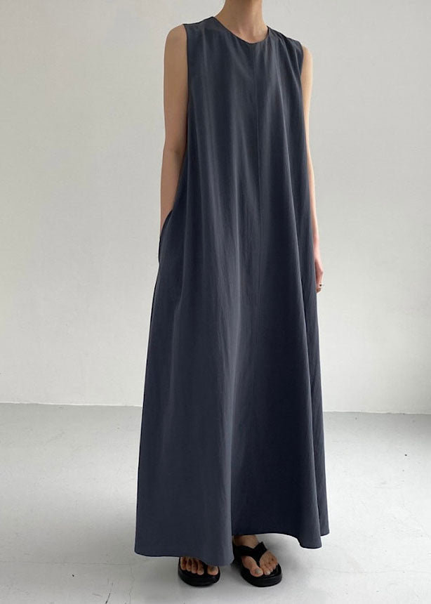 Dark Grey Patchwork Cotton Maxi Dress O Neck Sleeveless Lc0443