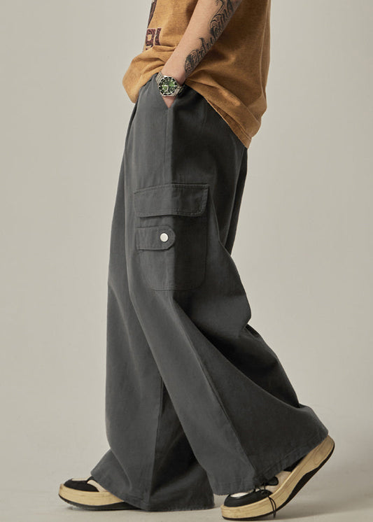 Spring Beam Elastic Waist Pants Grey Cotton Pockets Dark