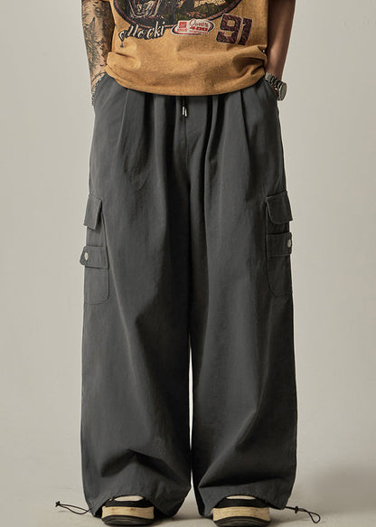 Spring Beam Elastic Waist Pants Grey Cotton Pockets Dark